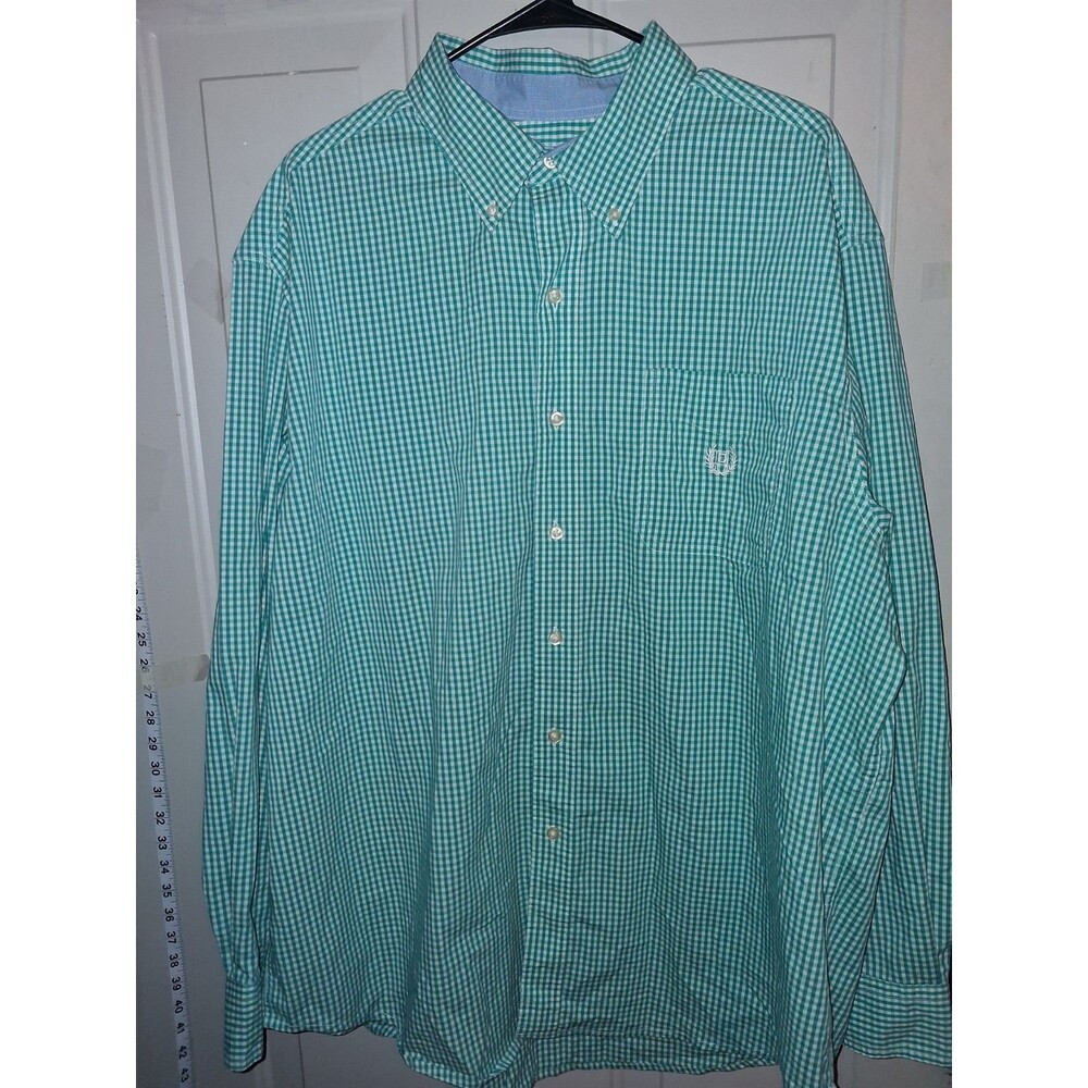 Chaps Men's 2XB Big Green White Gingham Check Button Down Shirt Stretch Easy...
